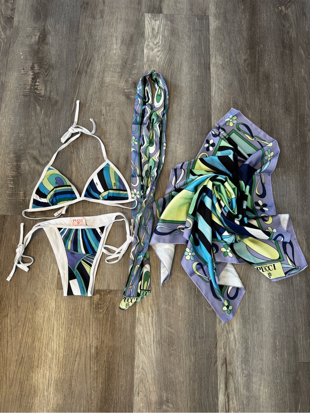 Emilio Pucci Green, Blue & Purple Patterned Bikini with Matching Scarf